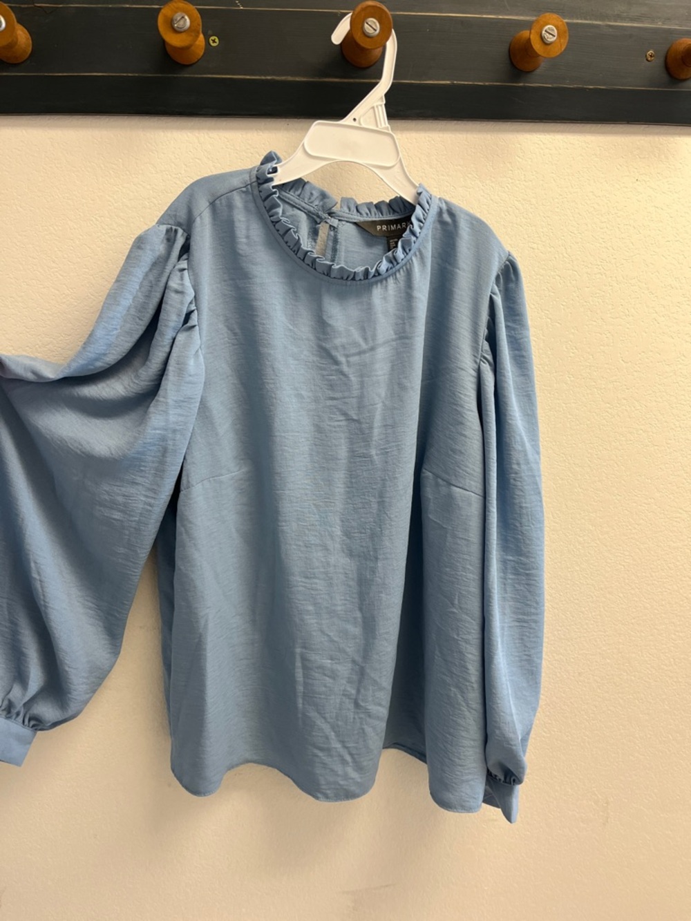 Primark Light Blue Ruffle Neck Puff Sleeve Top